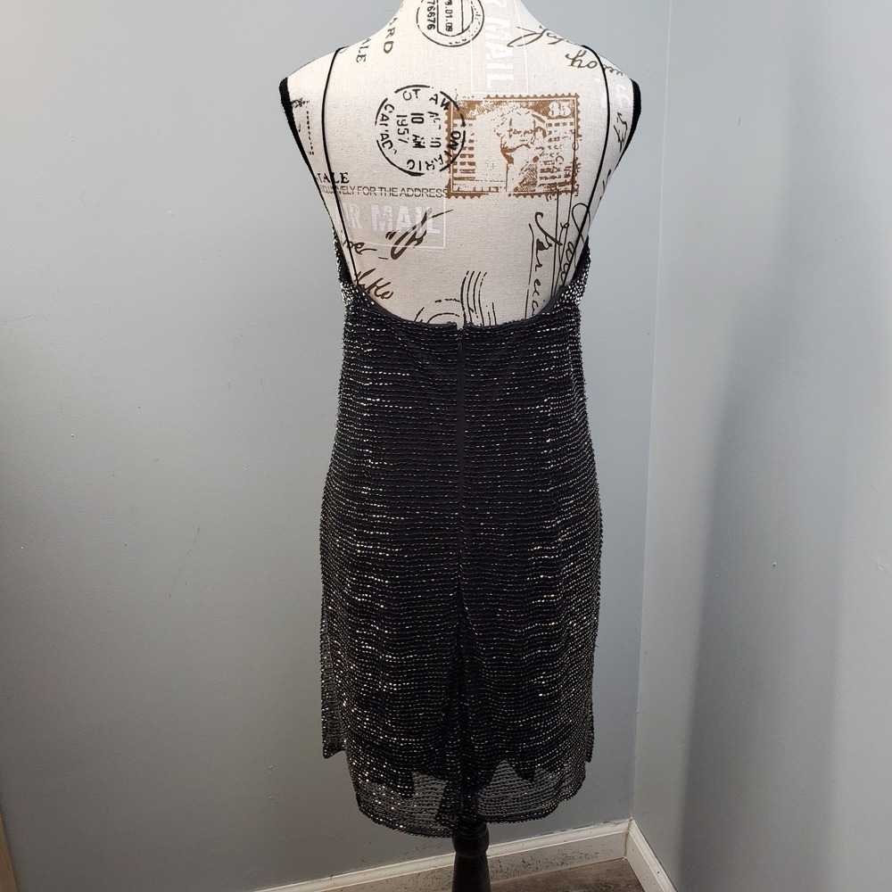 Adrianna Papell Evening Cocktail Dress Womens 12 Black Beaded Spaghetti Straps - Picture 2 of 11